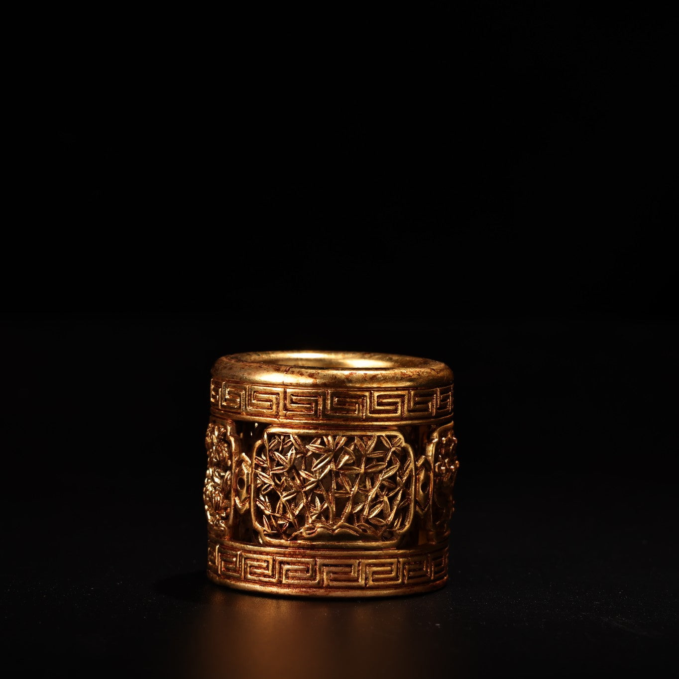 A0275 Openwork Old Chinese Gilt Gold Bronze Plum Flower & Orchid,Bamboo,Chrysanthemum Ring