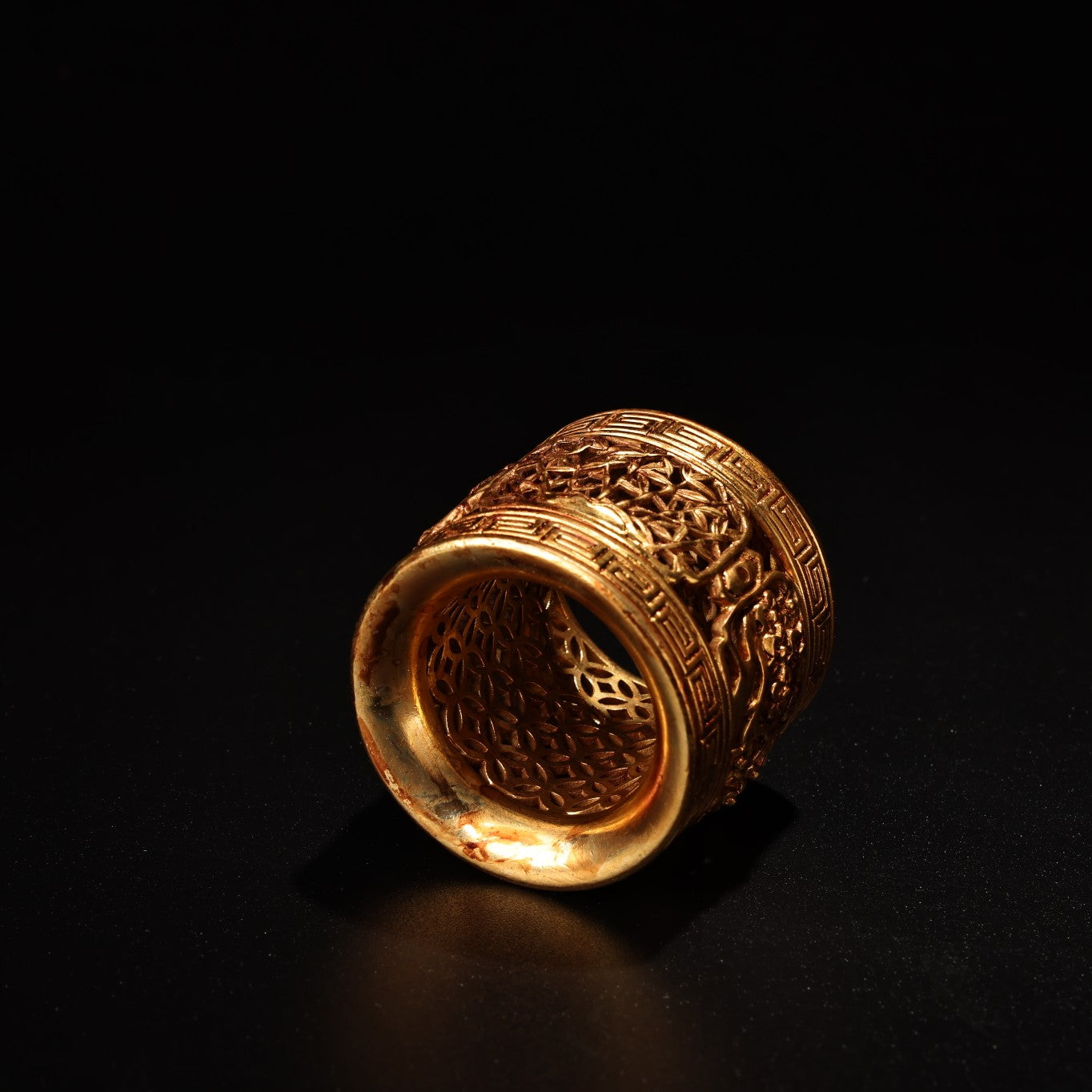 A0275 Openwork Old Chinese Gilt Gold Bronze Plum Flower & Orchid,Bamboo,Chrysanthemum Ring