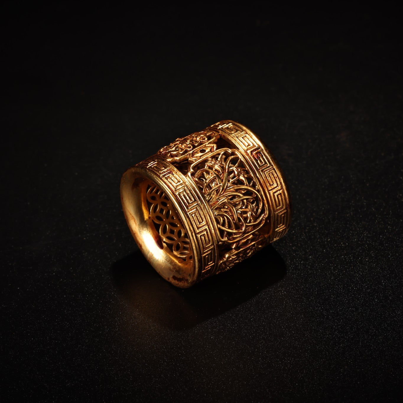 A0275 Openwork Old Chinese Gilt Gold Bronze Plum Flower & Orchid,Bamboo,Chrysanthemum Ring