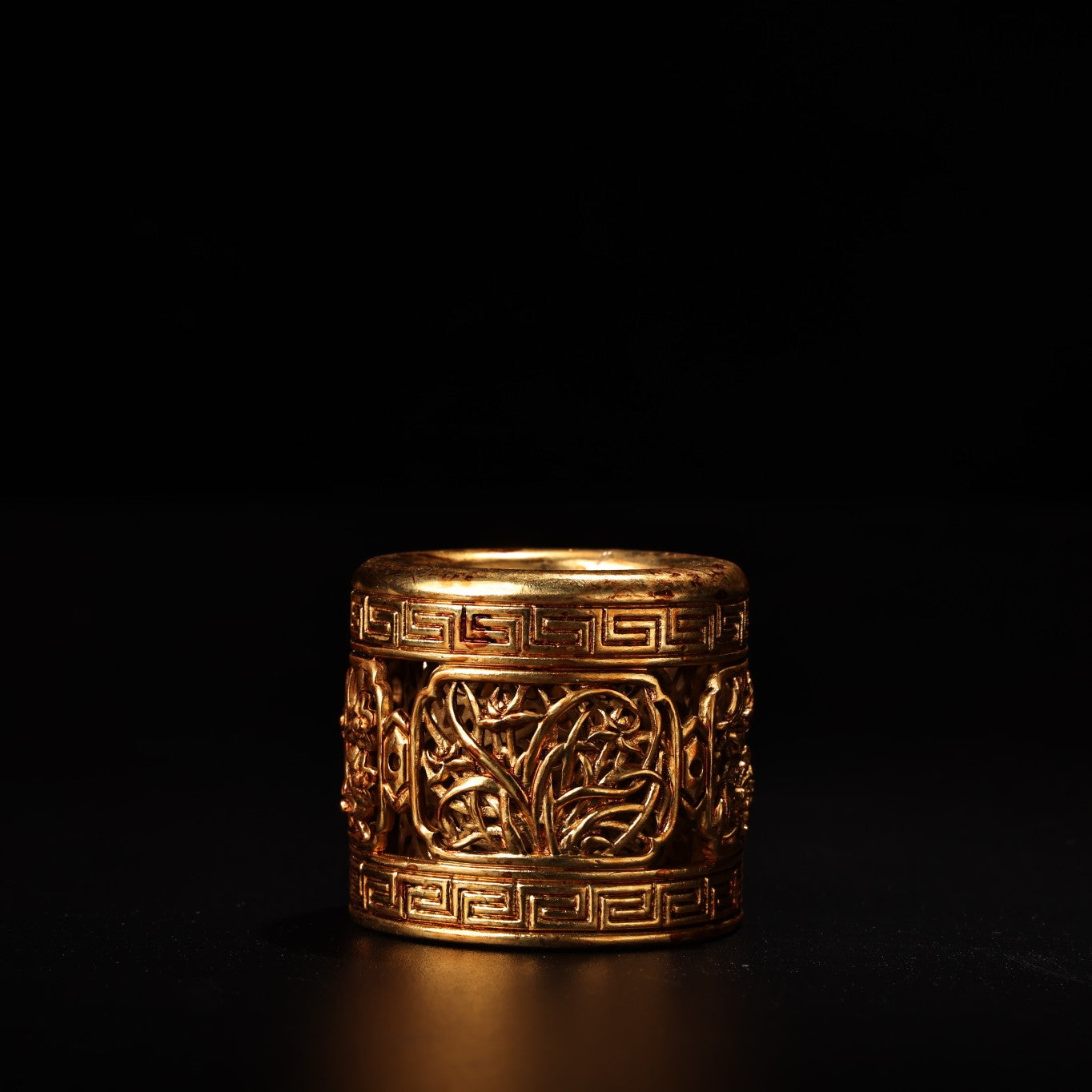 A0275 Openwork Old Chinese Gilt Gold Bronze Plum Flower & Orchid,Bamboo,Chrysanthemum Ring