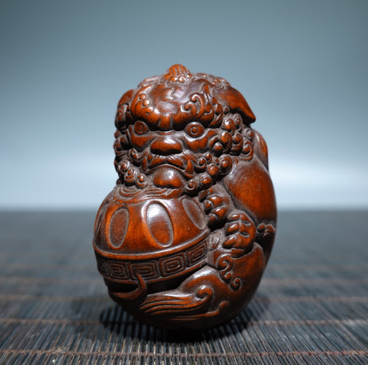 A0276 Chinese Boxwood Wood Carved Lion & Ball Pendant