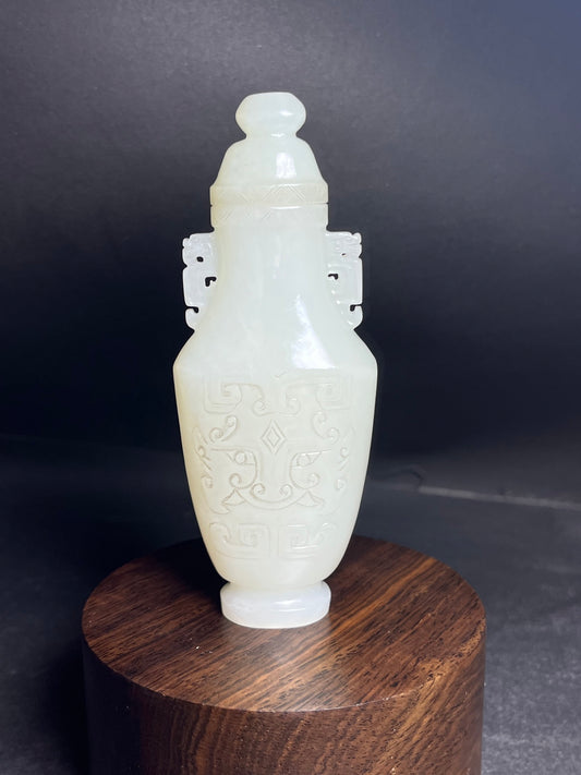 A0277 Old Chinese White Hetian Jade Carved Beast Face Design Bottle