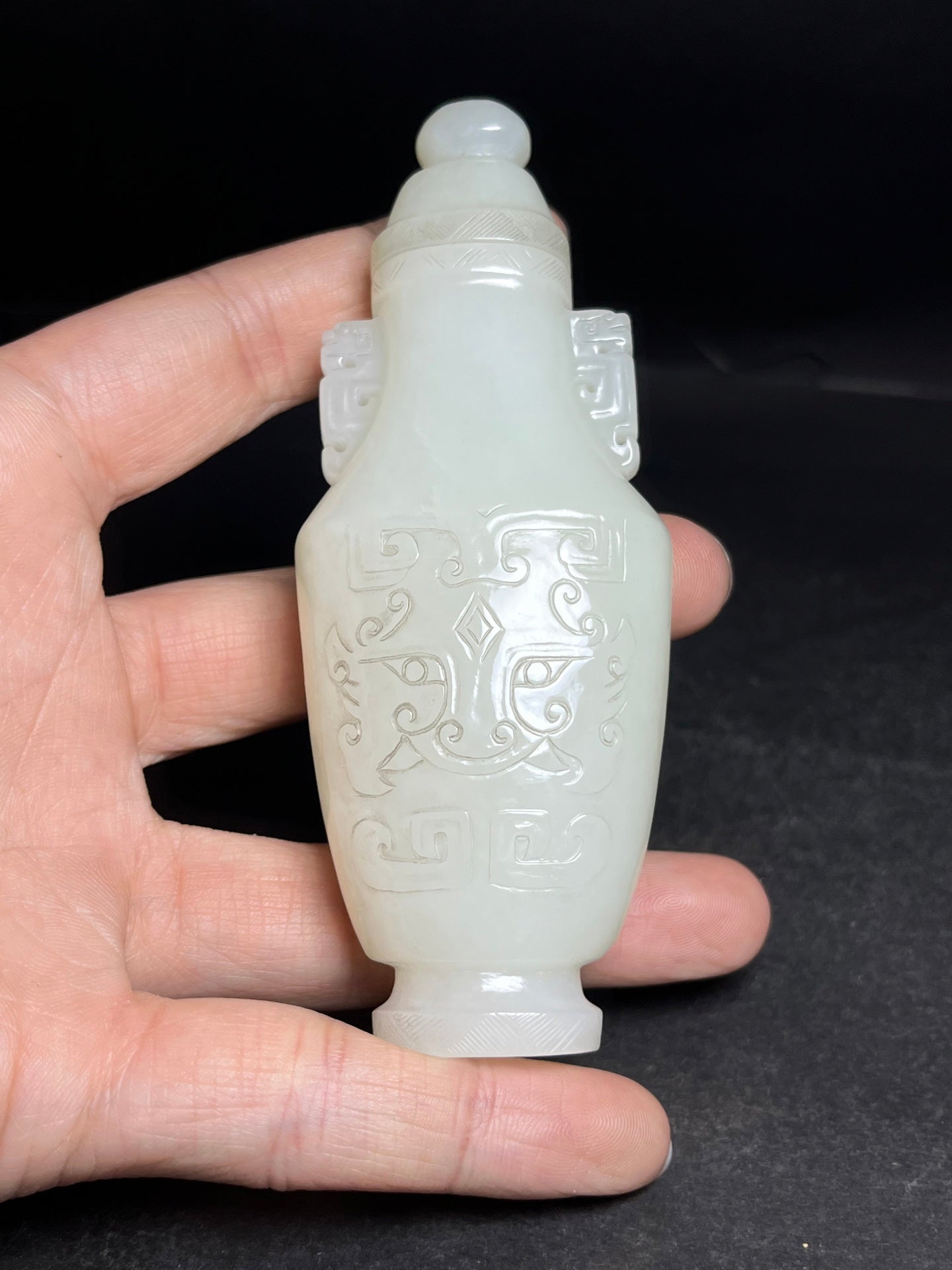 A0277 Old Chinese White Hetian Jade Carved Beast Face Design Bottle