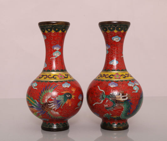 A0281 A Pair Vintage Chinese Bronze Cloisonne Dragon Phoenix Vase