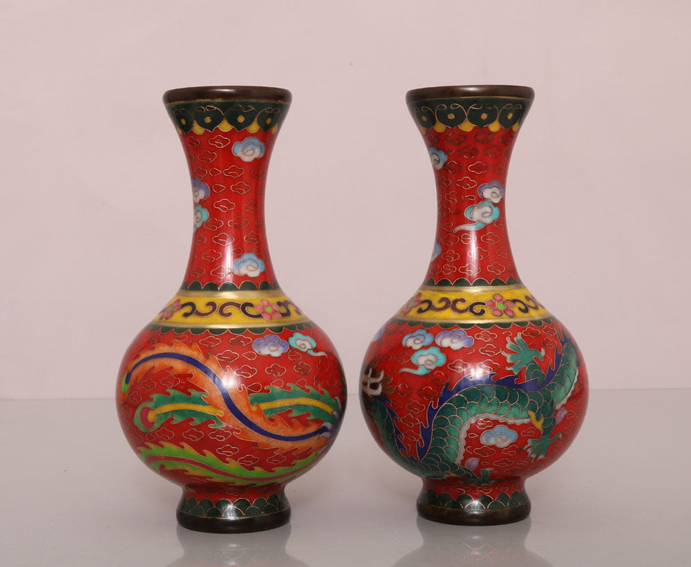 A0281 A Pair Vintage Chinese Bronze Cloisonne Dragon Phoenix Vase