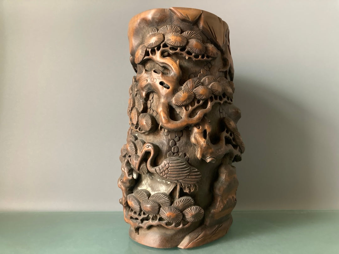 A0282 Vintage Chinese Bamboo Low Relief Crane & Pine Tree Brush Pot