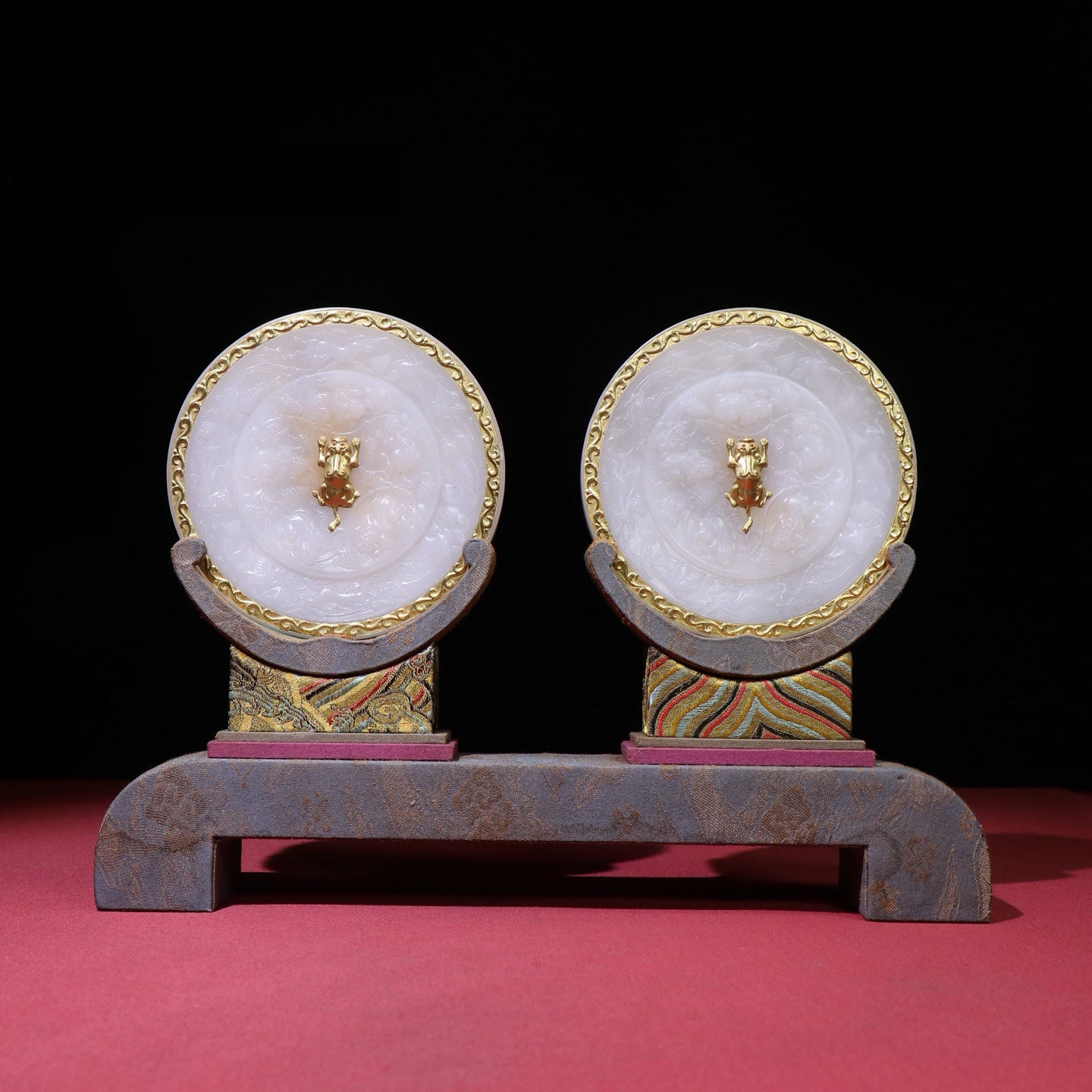 A0283 A Pair Chinese Gilt Gold-plated Silver White Hetian Jade Mirror