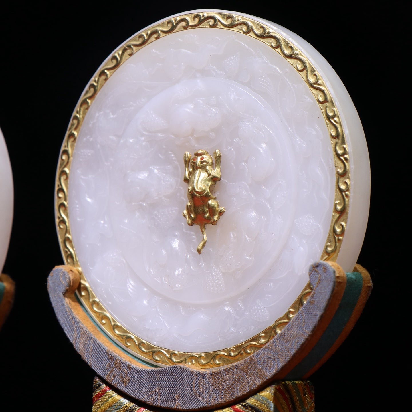 A0283 A Pair Chinese Gilt Gold-plated Silver White Hetian Jade Mirror