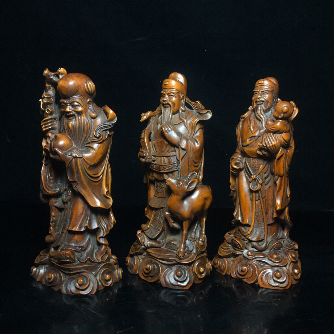 A0287 Three Vintage Chinese Boxwood Wood Carved Taoism Deity Fukurokuju Statue