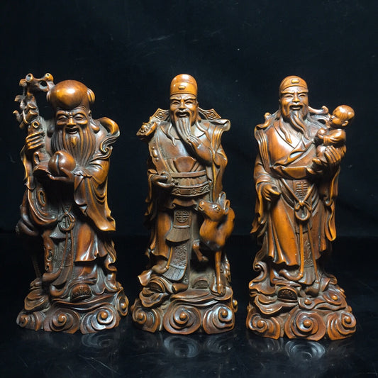 A0287 Three Vintage Chinese Boxwood Wood Carved Taoism Deity Fukurokuju Statue