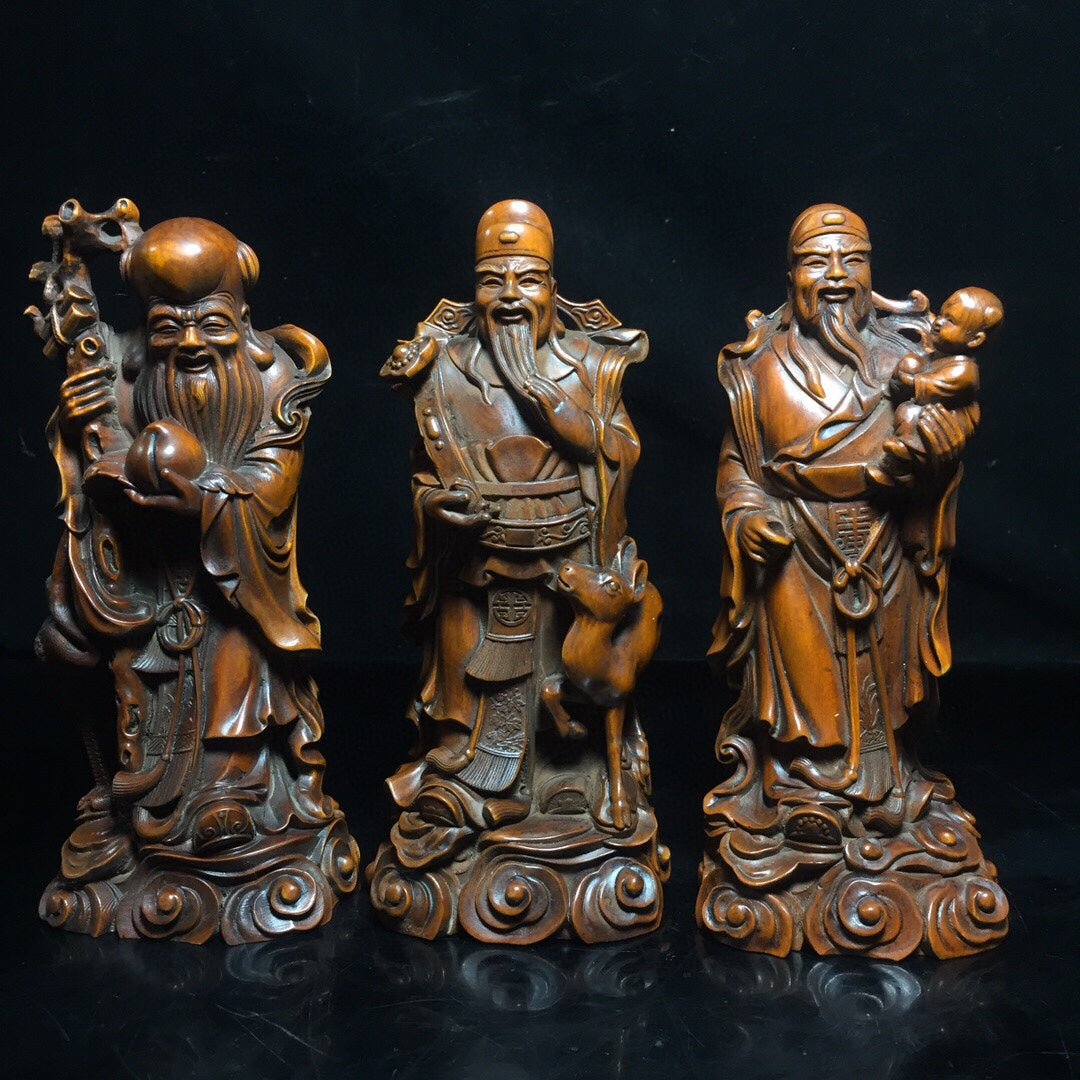 A0287 Three Vintage Chinese Boxwood Wood Carved Taoism Deity Fukurokuju Statue