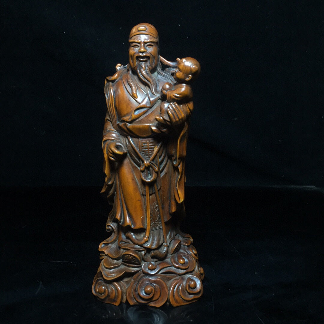 A0287 Three Vintage Chinese Boxwood Wood Carved Taoism Deity Fukurokuju Statue