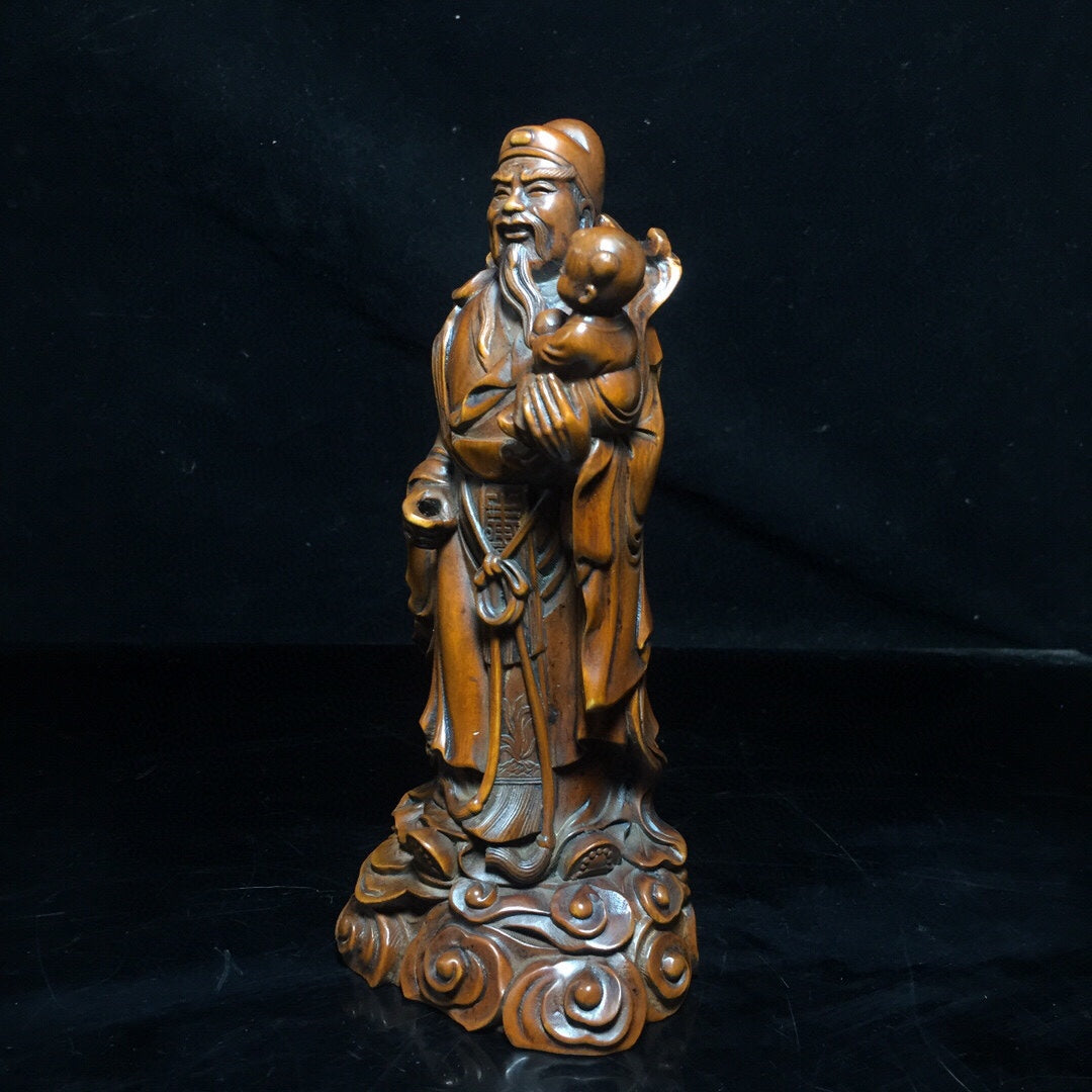 A0287 Three Vintage Chinese Boxwood Wood Carved Taoism Deity Fukurokuju Statue