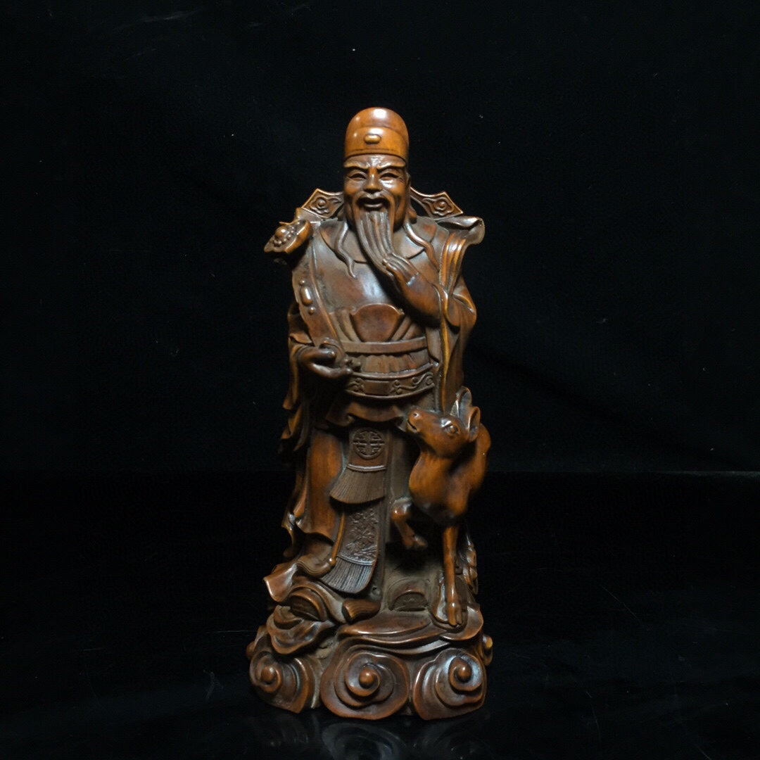 A0287 Three Vintage Chinese Boxwood Wood Carved Taoism Deity Fukurokuju Statue