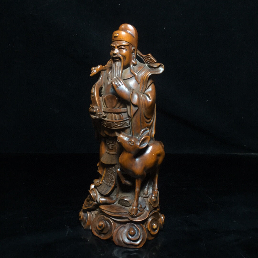 A0287 Three Vintage Chinese Boxwood Wood Carved Taoism Deity Fukurokuju Statue