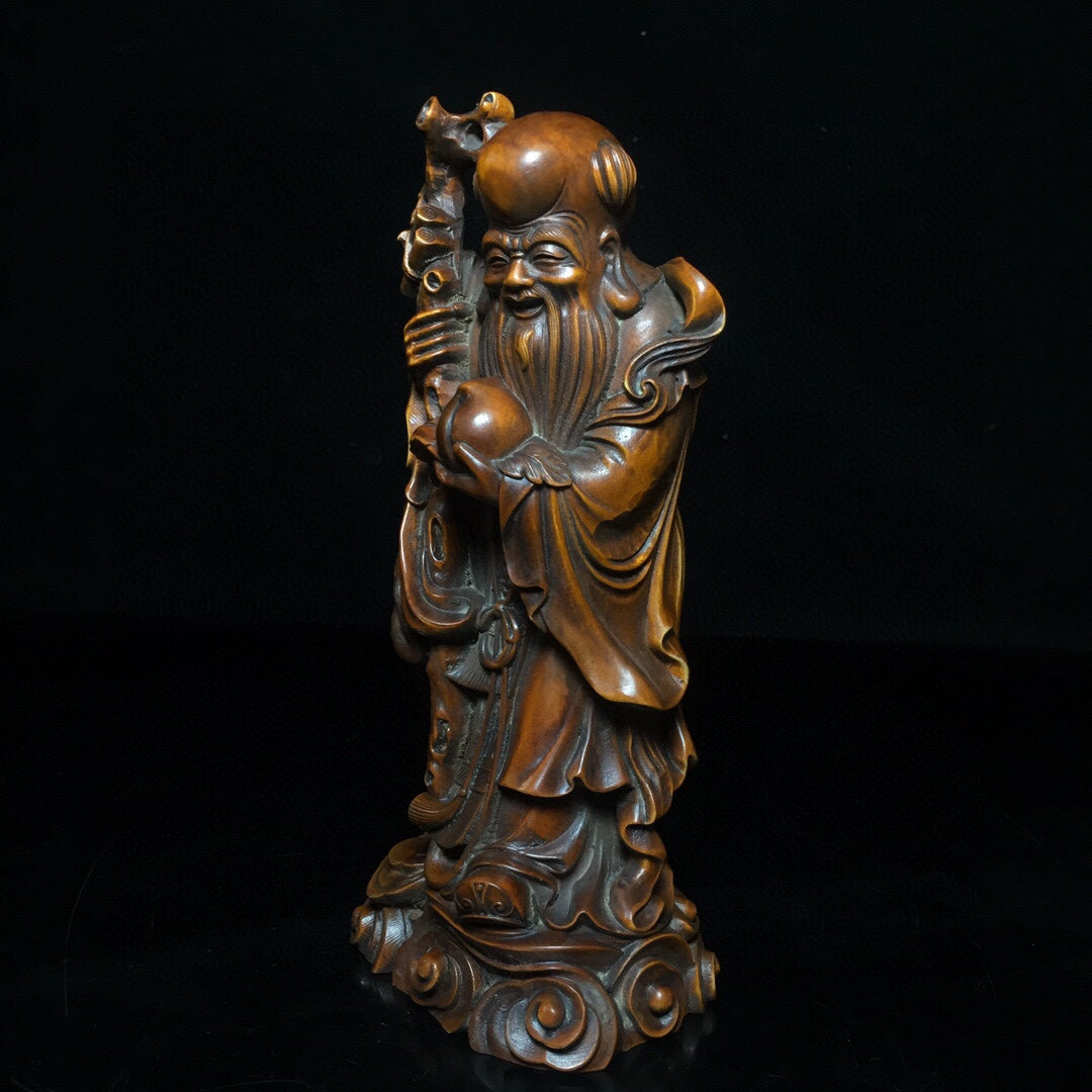 A0287 Three Vintage Chinese Boxwood Wood Carved Taoism Deity Fukurokuju Statue