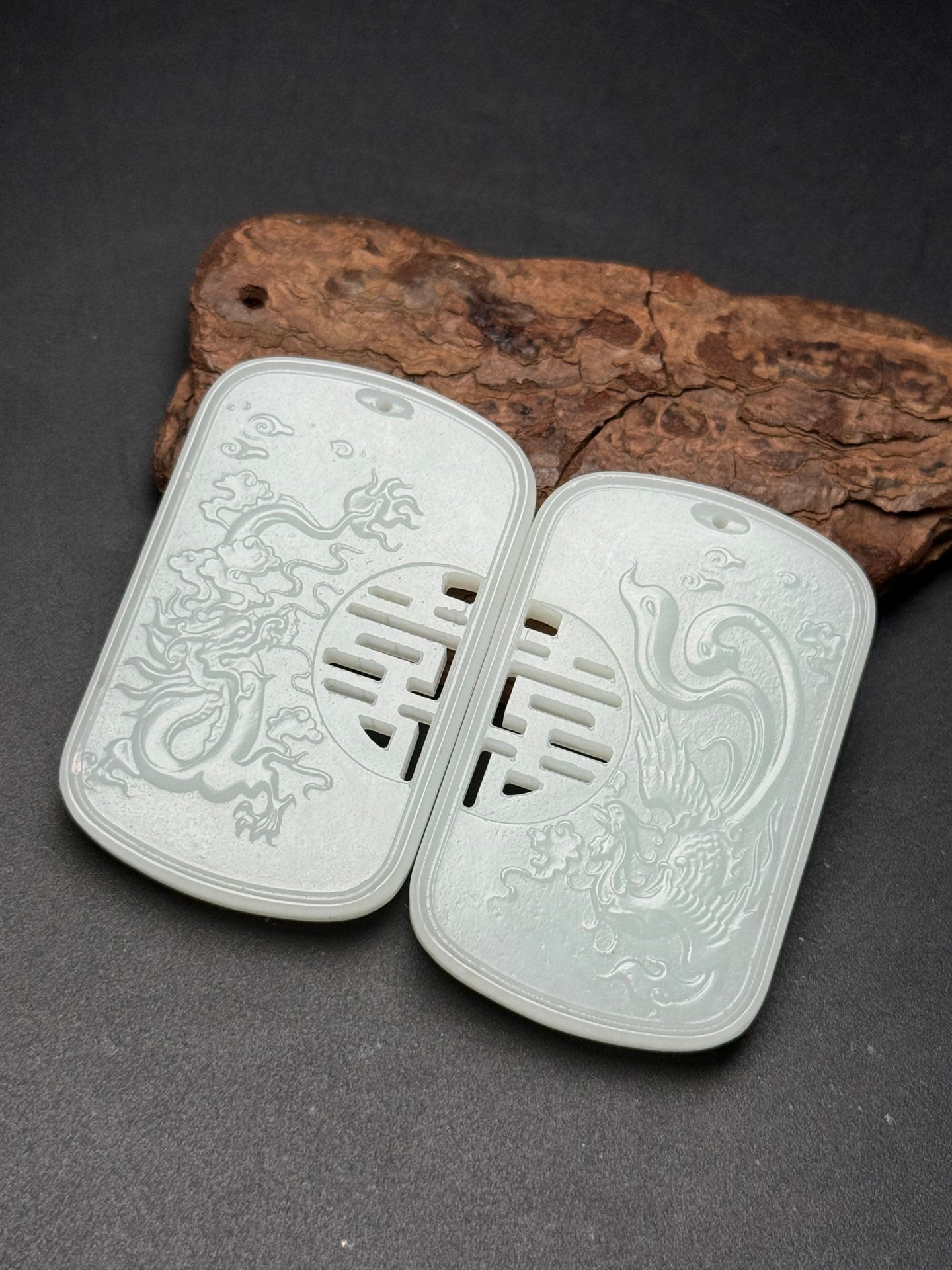 A0289 A Pair Openwork Chinese Hetian Jade Carved Dragon Phoenix Pendant