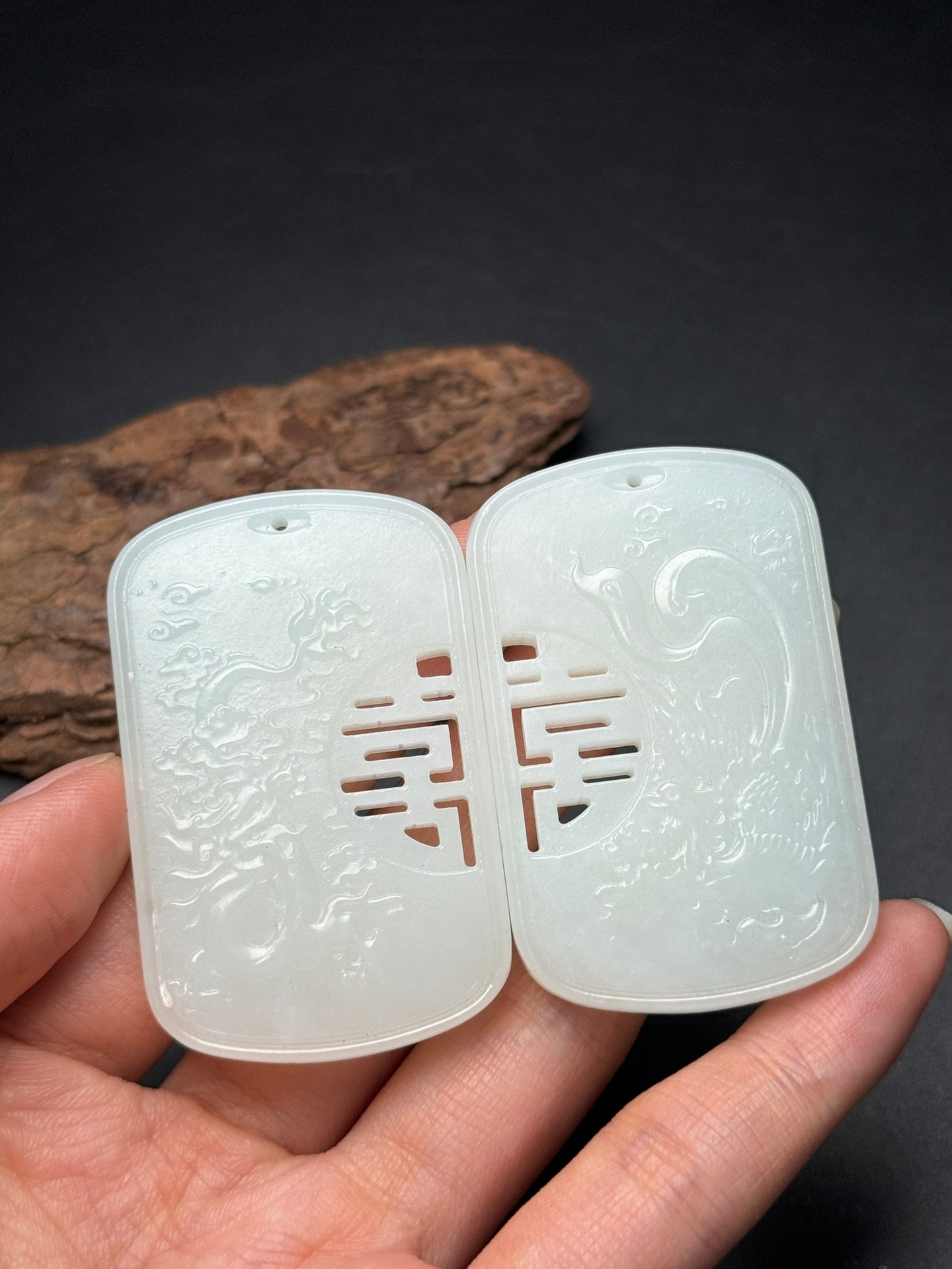 A0289 A Pair Openwork Chinese Hetian Jade Carved Dragon Phoenix Pendant