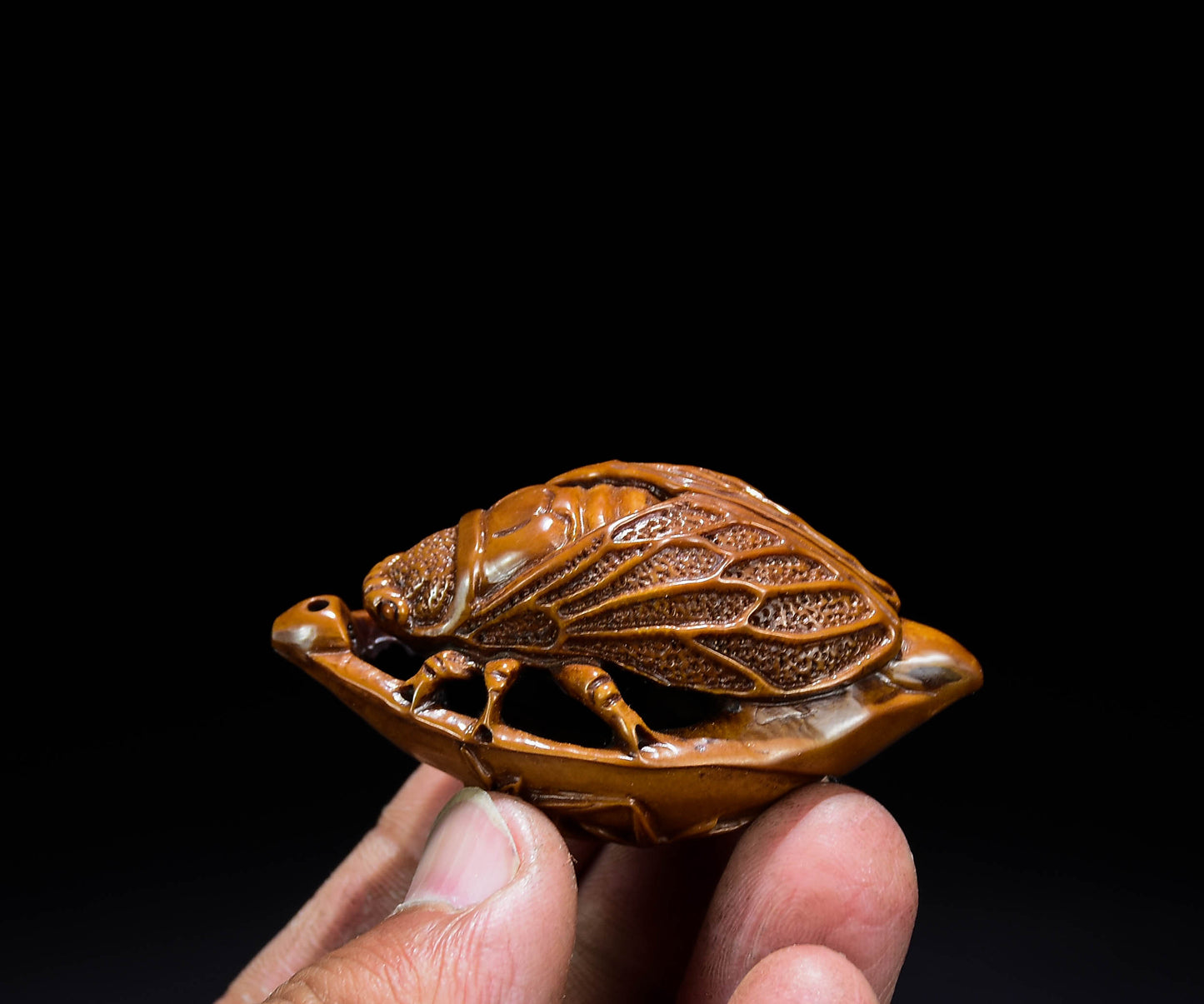 A0292 Chinese Olive Nut Carved Cicada & Leaf Pendant