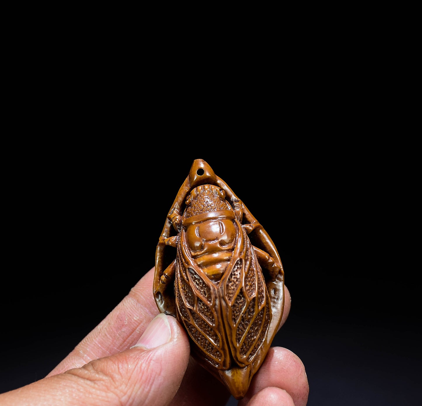 A0292 Chinese Olive Nut Carved Cicada & Leaf Pendant