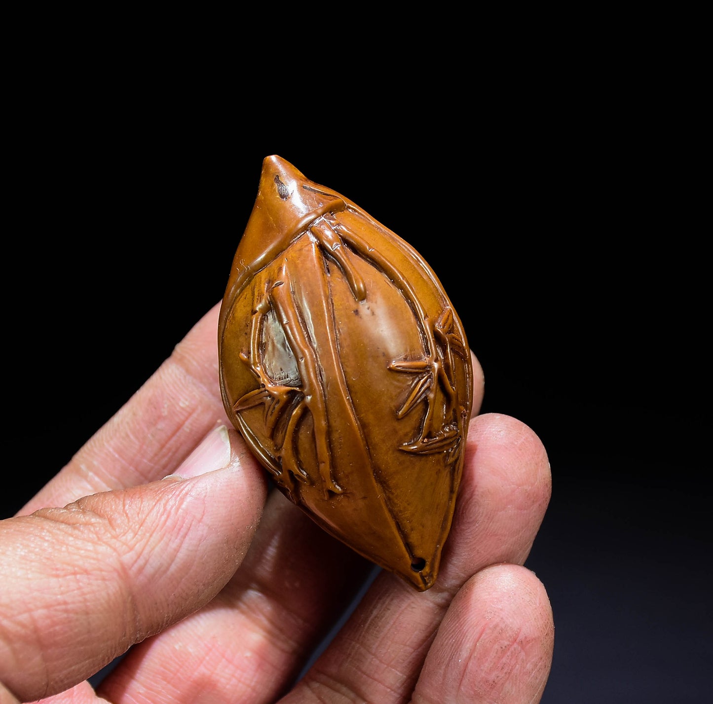 A0292 Chinese Olive Nut Carved Cicada & Leaf Pendant