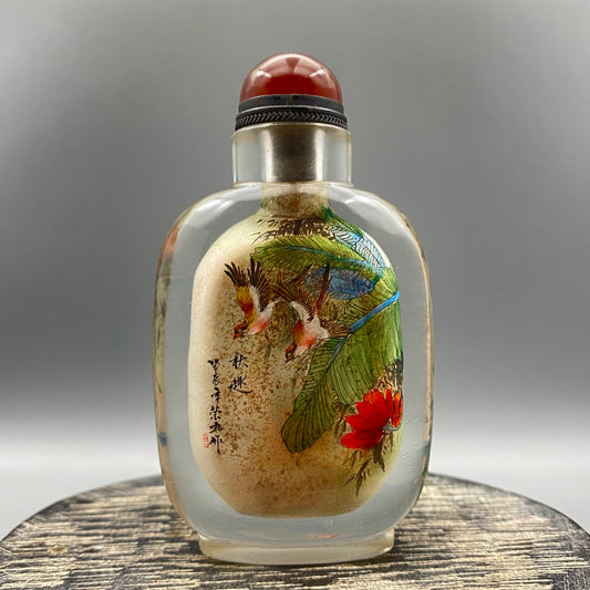 A0300 Old Chinese Peking Glass Inside Painting Flower Bird Design Snuff Bottle