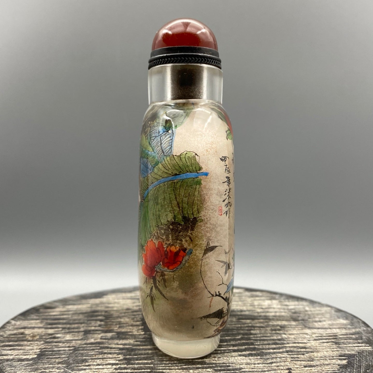 A0300 Old Chinese Peking Glass Inside Painting Flower Bird Design Snuff Bottle