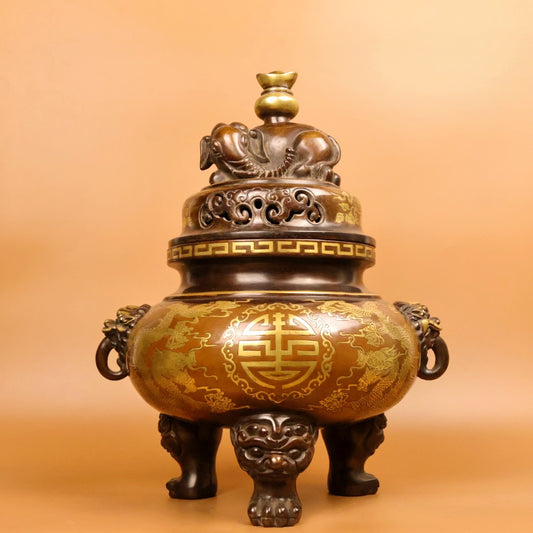 A0306 Old Chinese Gilt Gold Copper Fortune Dragon Design Beast Heads Double Ears 3 Legs Incense Burner