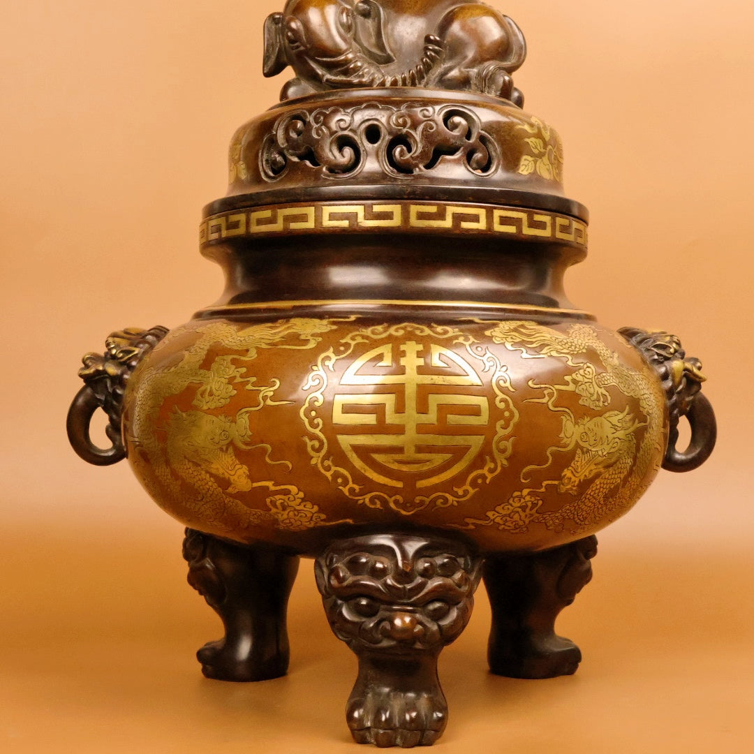 A0306 Old Chinese Gilt Gold Copper Fortune Dragon Design Beast Heads Double Ears 3 Legs Incense Burner