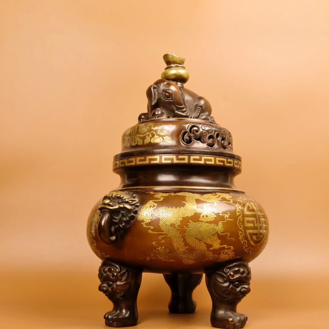 A0306 Old Chinese Gilt Gold Copper Fortune Dragon Design Beast Heads Double Ears 3 Legs Incense Burner