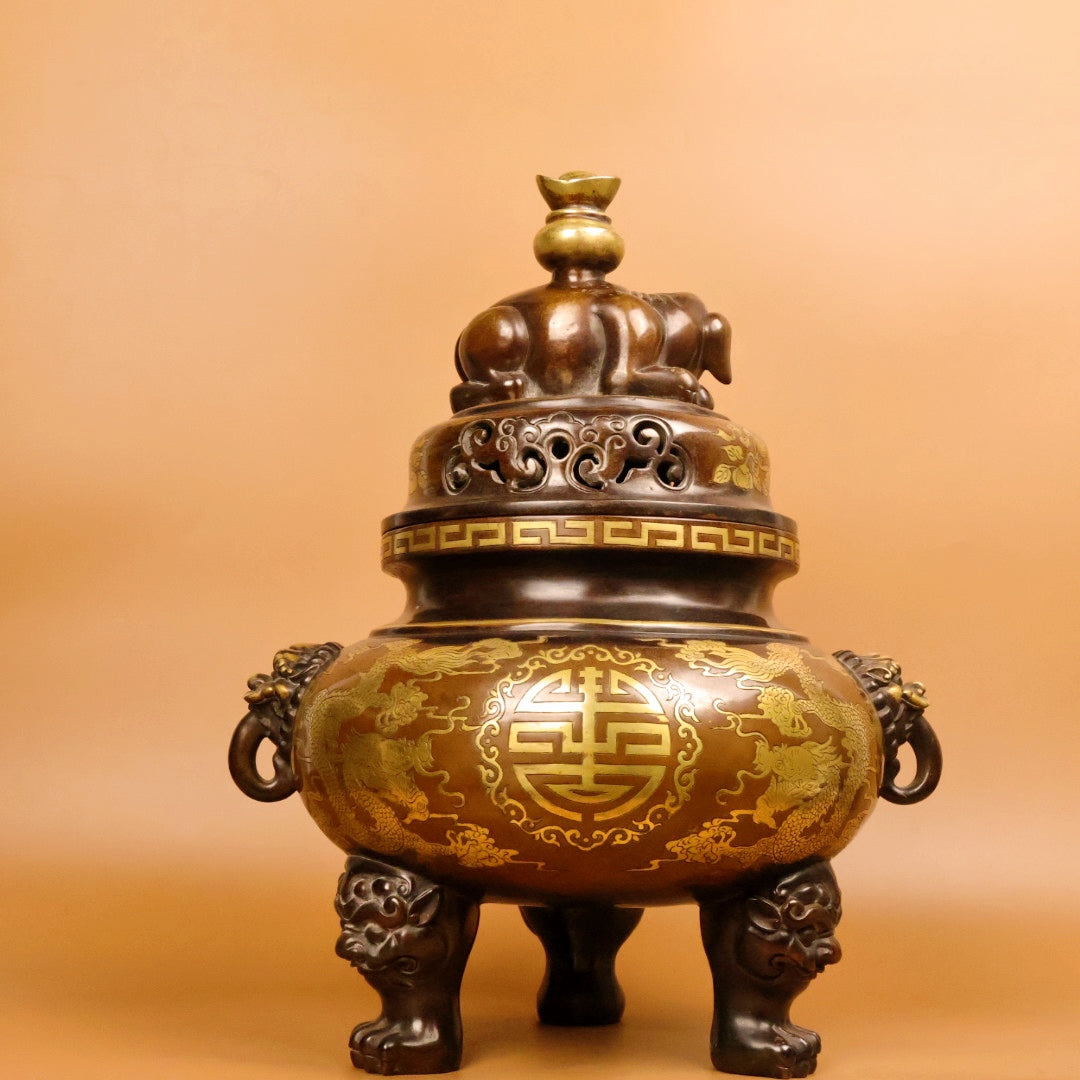 A0306 Old Chinese Gilt Gold Copper Fortune Dragon Design Beast Heads Double Ears 3 Legs Incense Burner