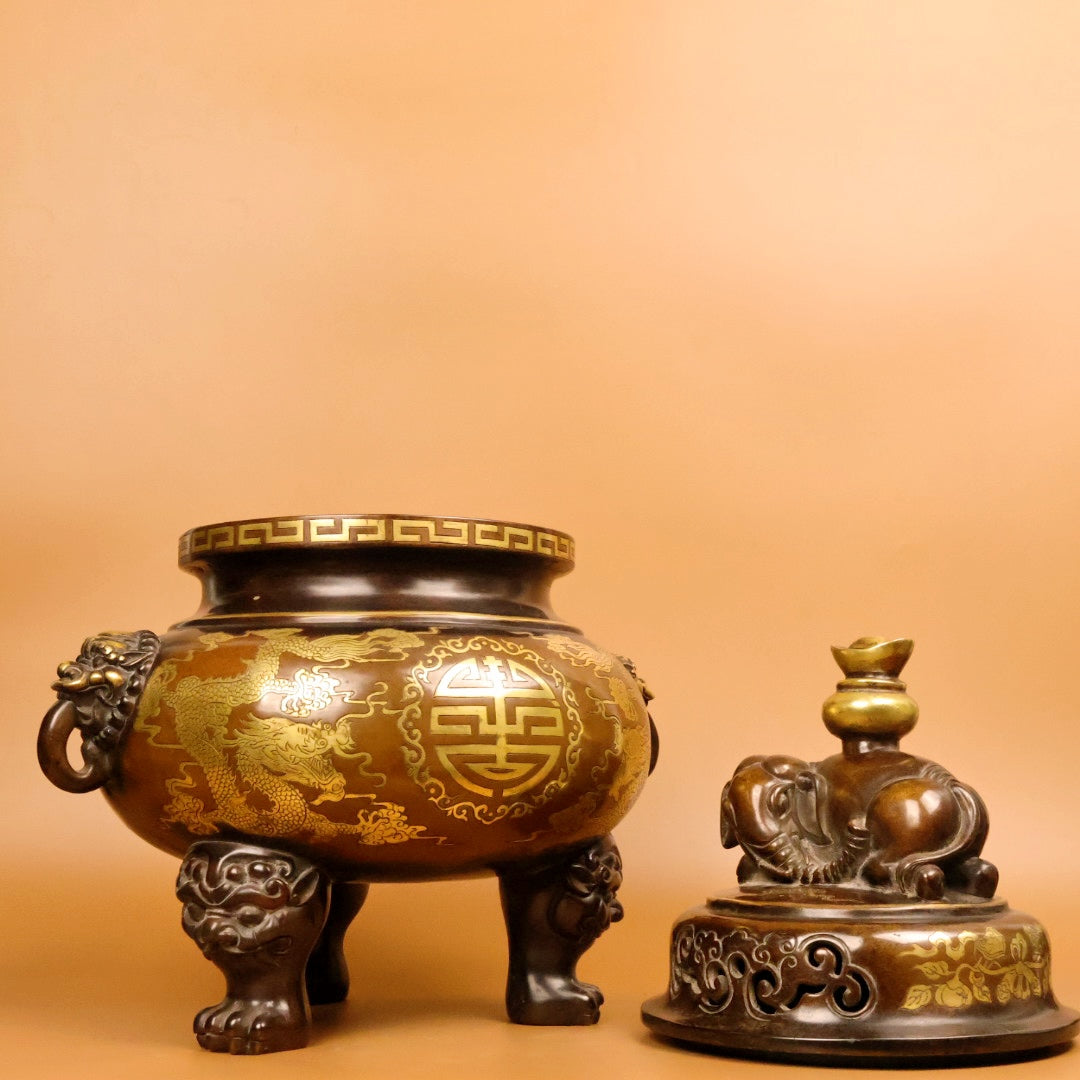 A0306 Old Chinese Gilt Gold Copper Fortune Dragon Design Beast Heads Double Ears 3 Legs Incense Burner