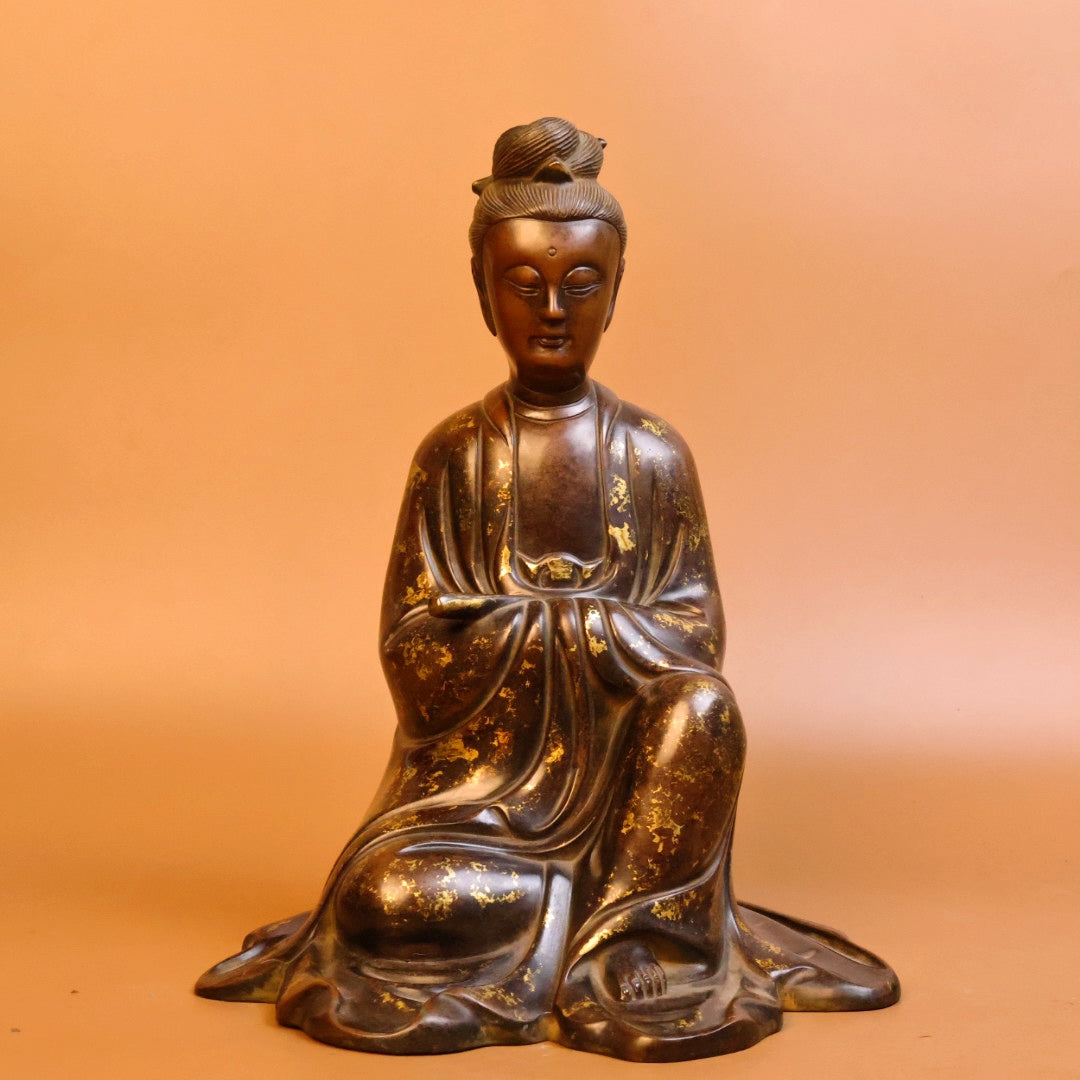 A0307 Vintage Chinese Gilt Gold Copper Kwan-yin Statue