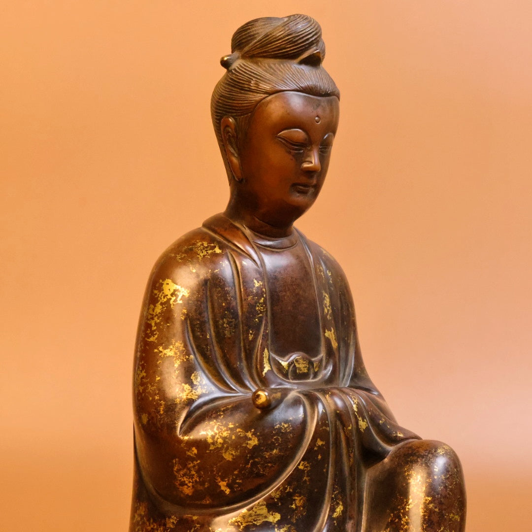 A0307 Vintage Chinese Gilt Gold Copper Kwan-yin Statue