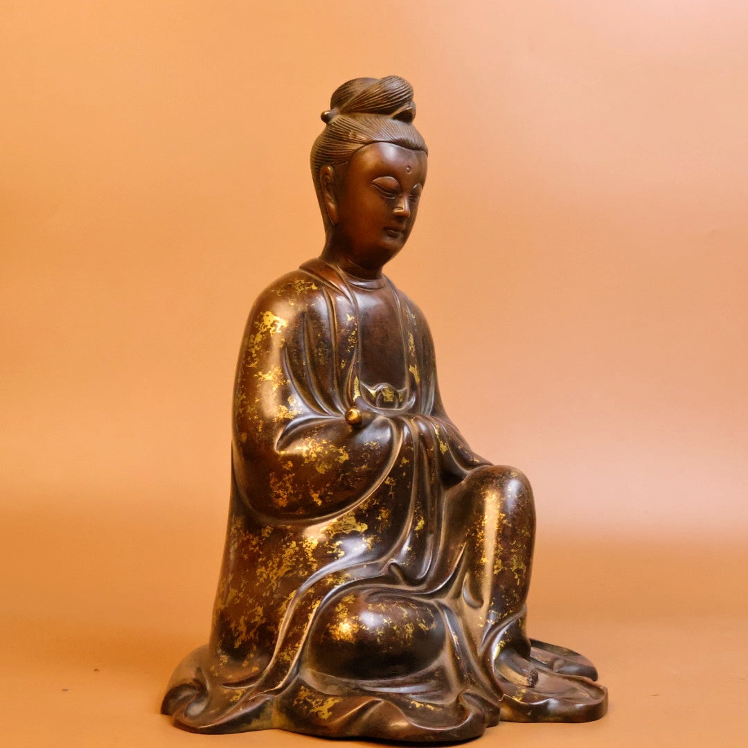 A0307 Vintage Chinese Gilt Gold Copper Kwan-yin Statue