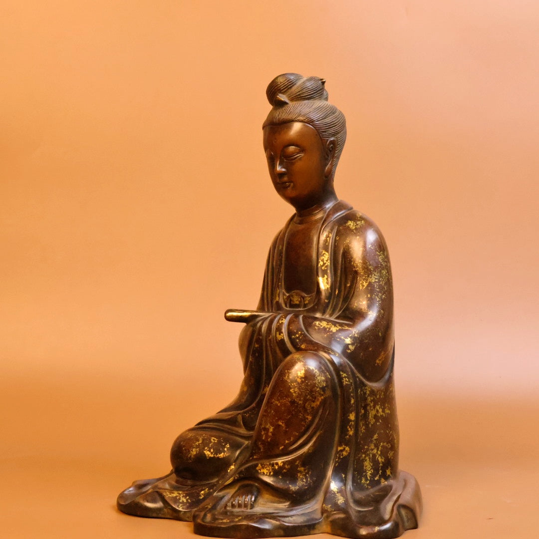 A0307 Vintage Chinese Gilt Gold Copper Kwan-yin Statue