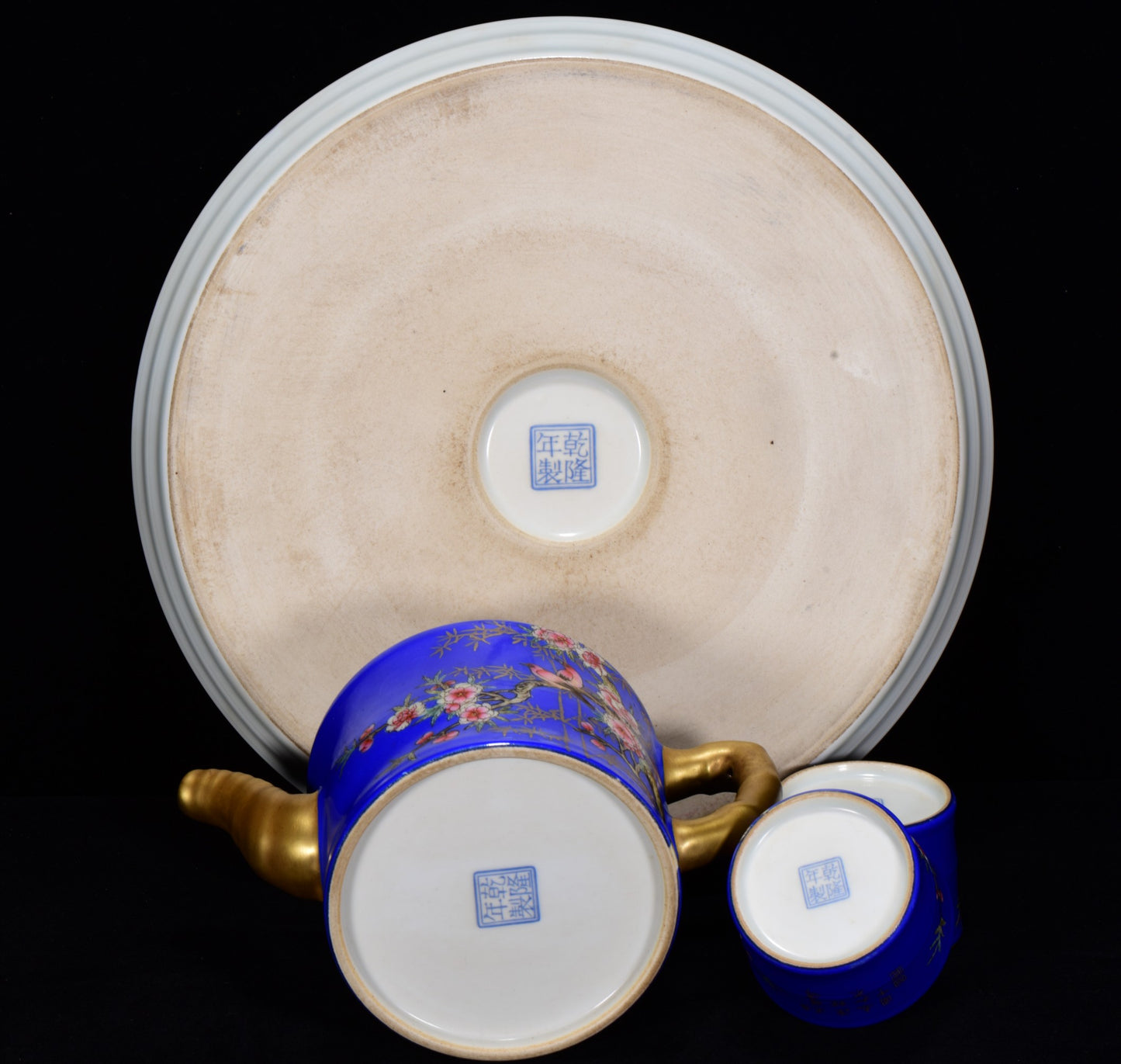 A0309 A Set Gilt Gold Blue Glaze Famille Rose Flower Bird Design Porcelain Teapot & Cups,Plate