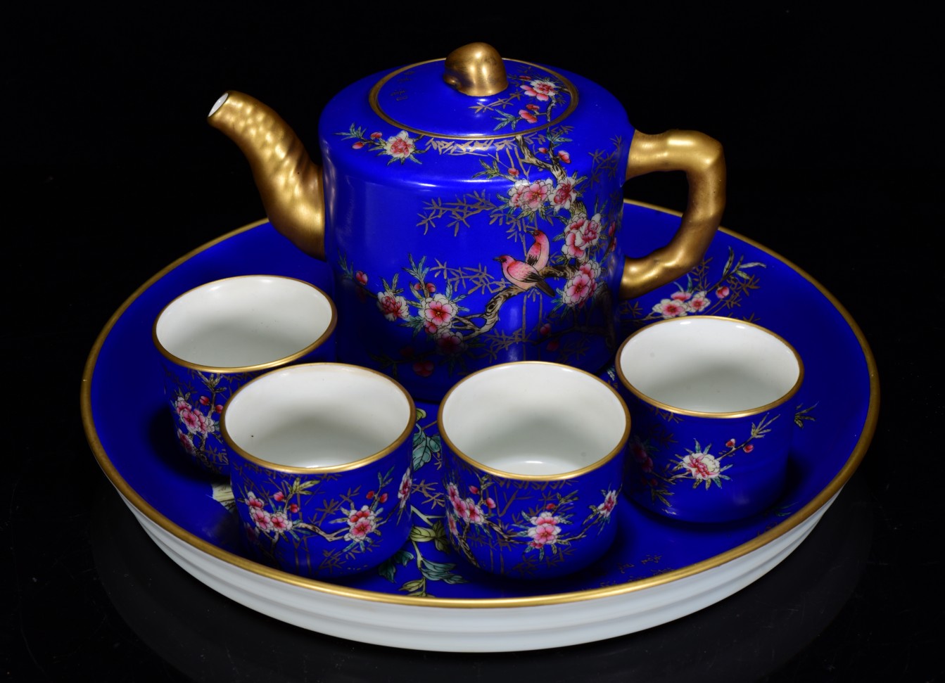 A0309 A Set Gilt Gold Blue Glaze Famille Rose Flower Bird Design Porcelain Teapot & Cups,Plate