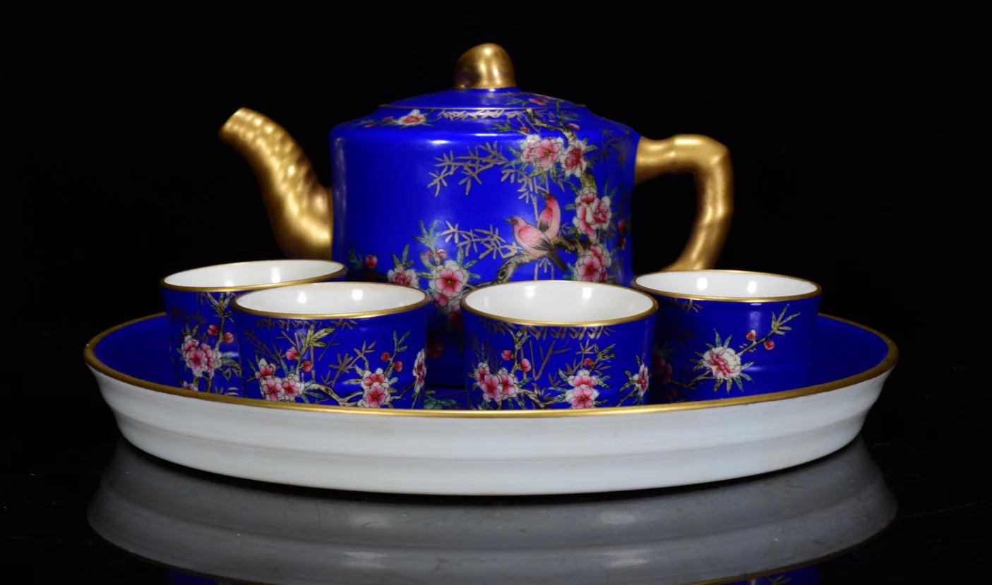 A0309 A Set Gilt Gold Blue Glaze Famille Rose Flower Bird Design Porcelain Teapot & Cups,Plate w Qianlong Mark