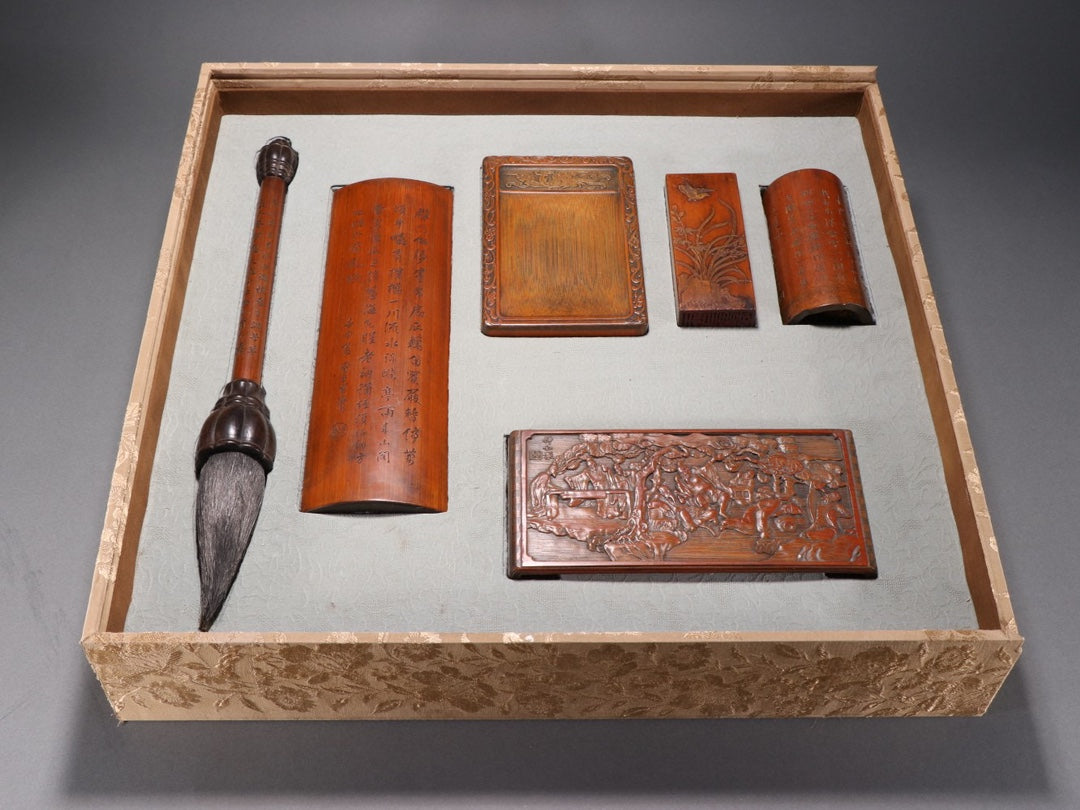 A0310 A Set Superb Chinese Bamboo Carved Hand Writing Tools w Box