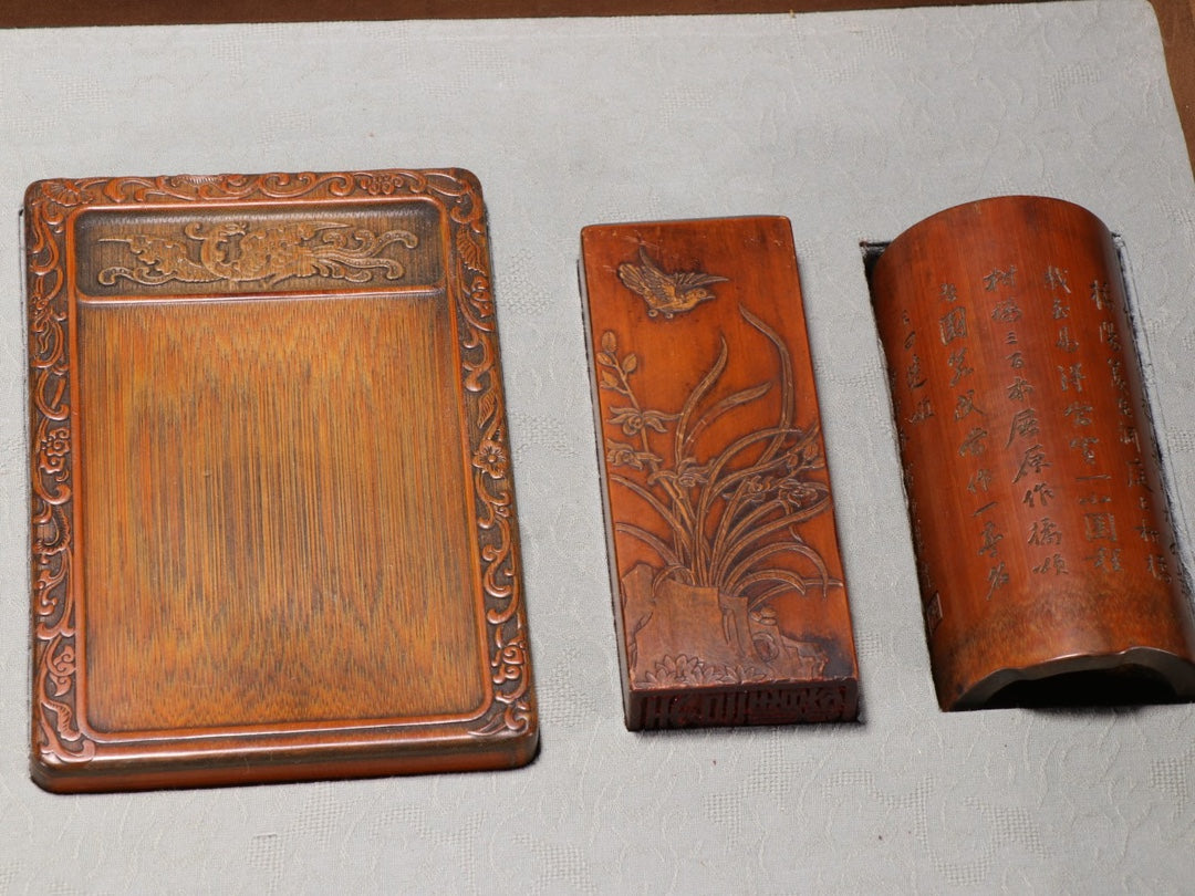 A0310 A Set Superb Chinese Bamboo Carved Hand Writing Tools w Box