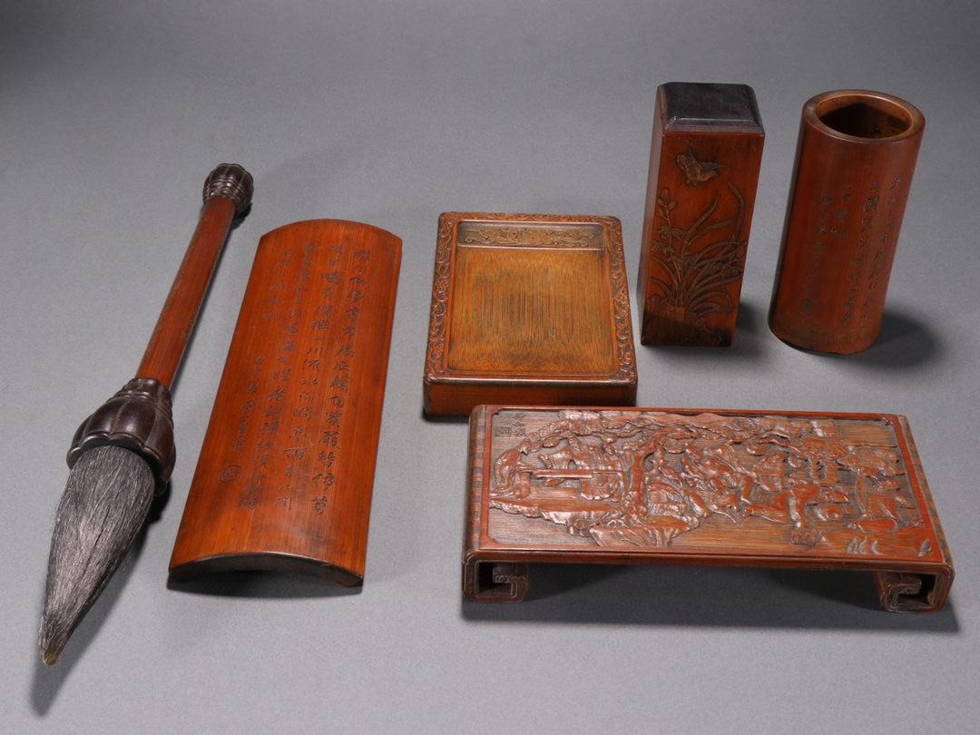 A0310 A Set Superb Chinese Bamboo Carved Hand Writing Tools w Box