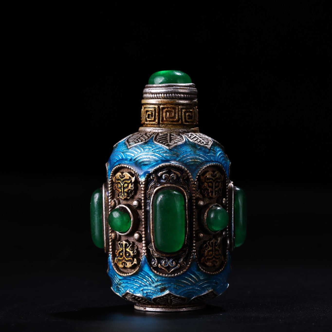 A0313 Old Chinese Plated Silver Enamel Inlay Green Jade Snuff Bottle