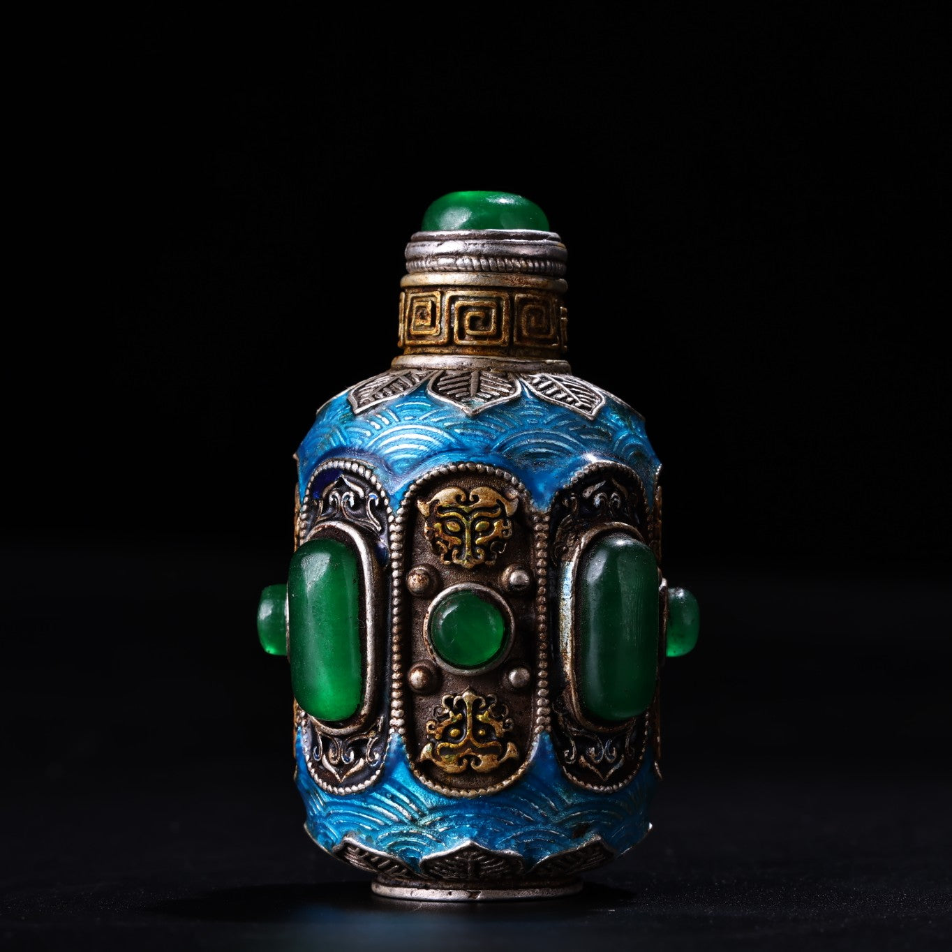 A0313 Old Chinese Plated Silver Enamel Inlay Green Jade Snuff Bottle