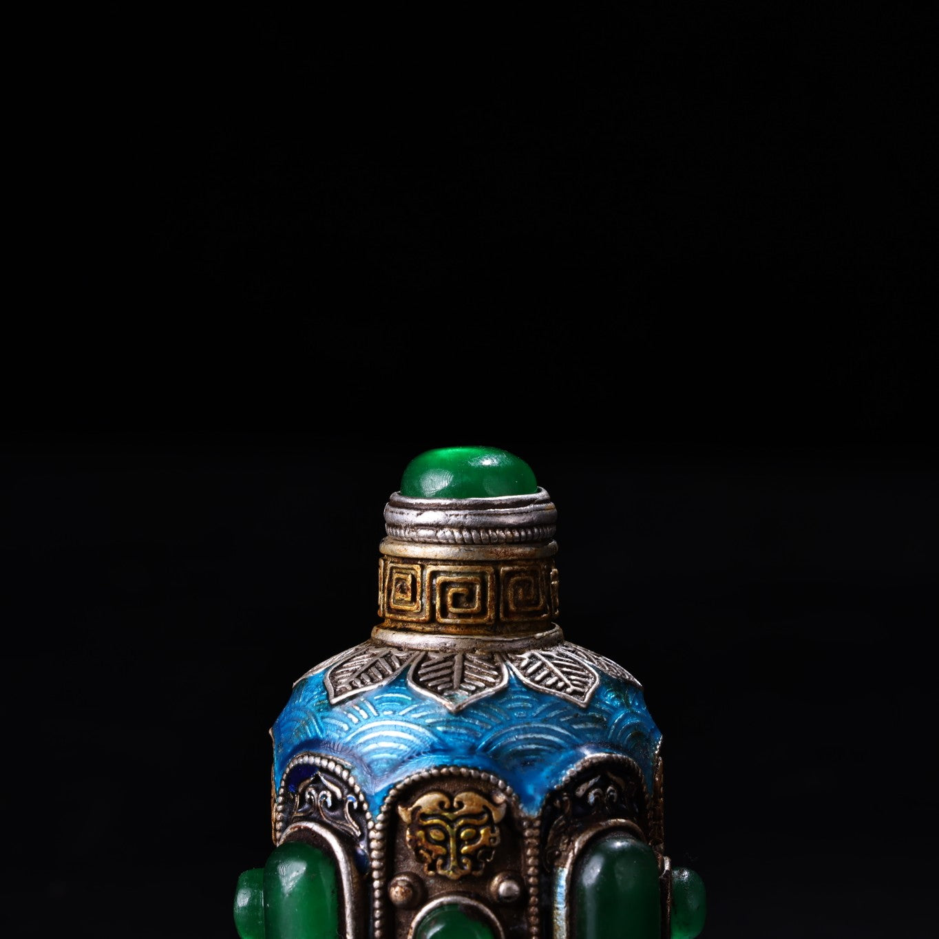 A0313 Old Chinese Plated Silver Enamel Inlay Green Jade Snuff Bottle