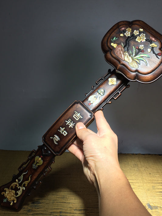 A0316 Vintage Chinese Huanghuali Wood Inlay Shell & Shoushan Stone Flower Design Ruyi Scepter