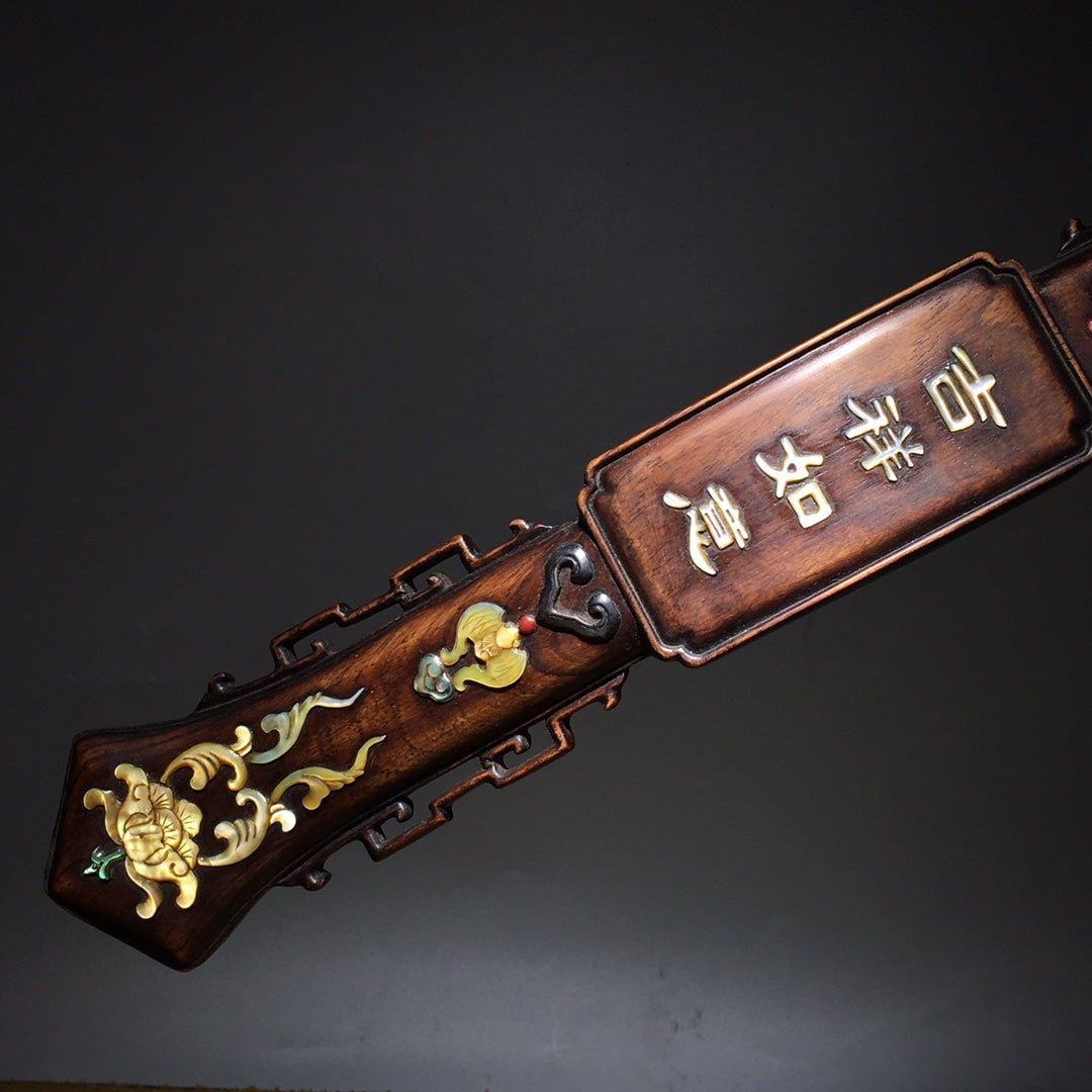 A0316 Vintage Chinese Huanghuali Wood Inlay Shell & Shoushan Stone Flower Design Ruyi Scepter