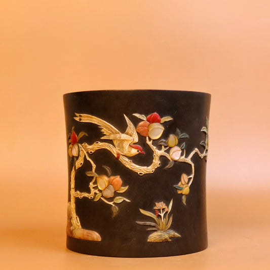 A0319 Vintage Chinese Zitan Wood Inlay Shell Peach & Bird Design Brush Pot