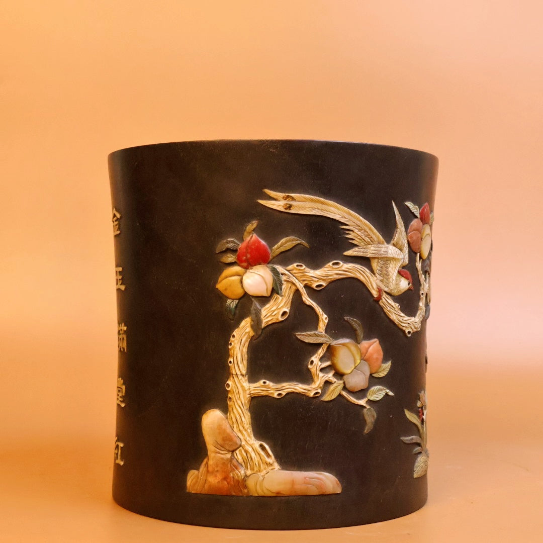 A0319 Vintage Chinese Zitan Wood Inlay Shell Peach & Bird Design Brush Pot