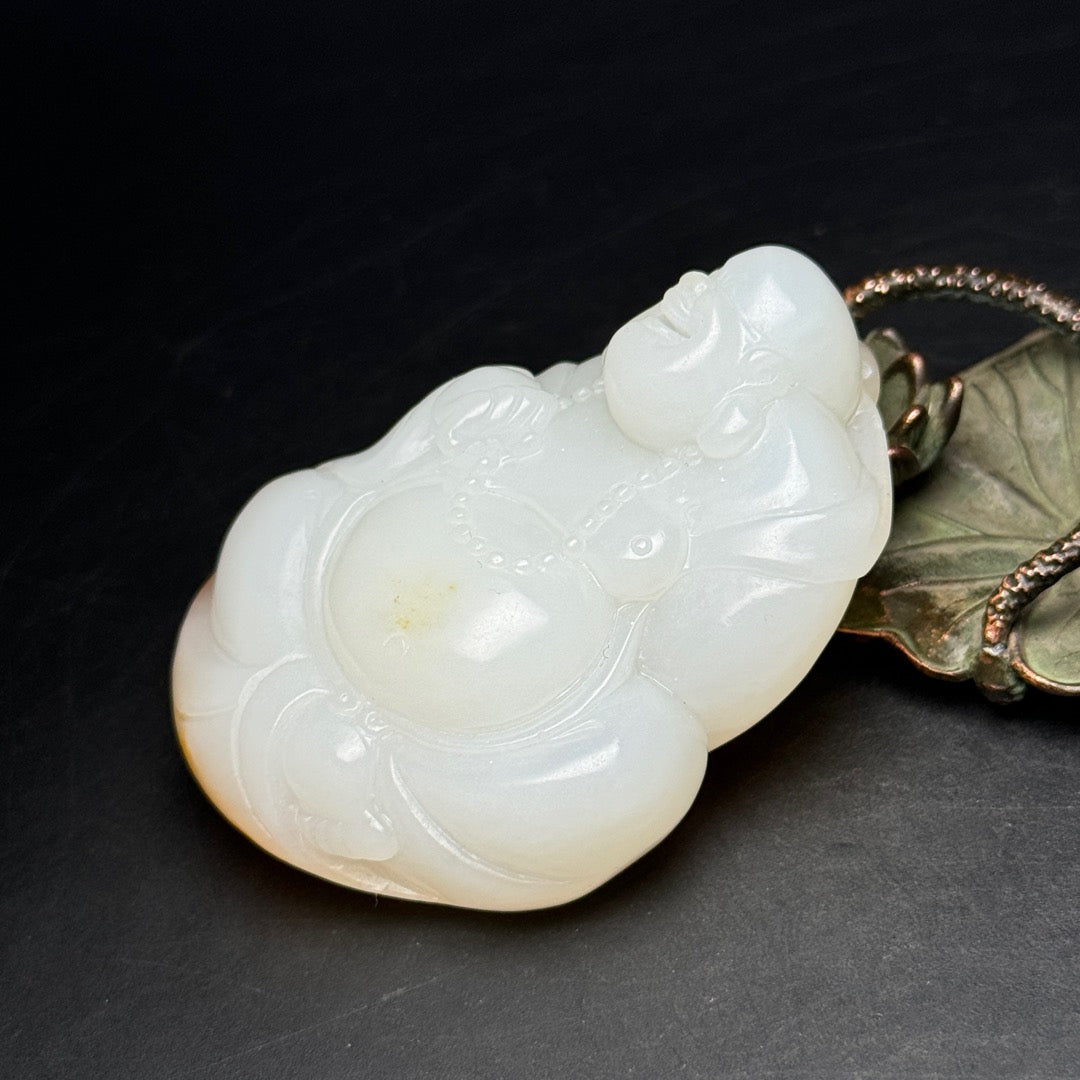 A0320 Chinese Natural Hetian Jade Carved Laughing Buddha Statue